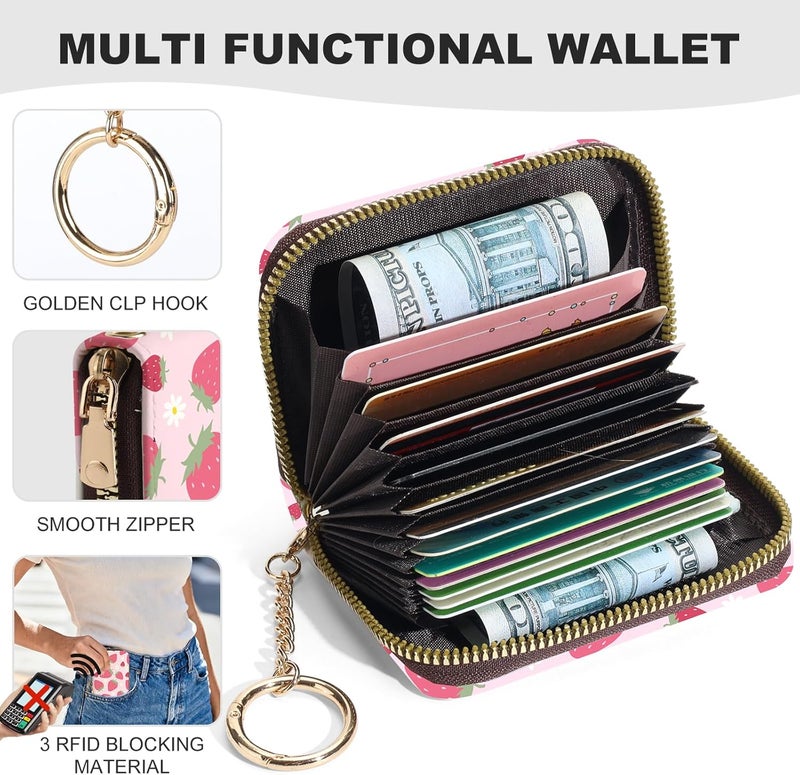 Luoycxy Credit Card Holder for Women,Small Rfid Wallet with Keychain Zipper,Cute PU Leather Card Case Wallet，Accordion Credit Card Wallets Gift,Strawberry - Image 2
